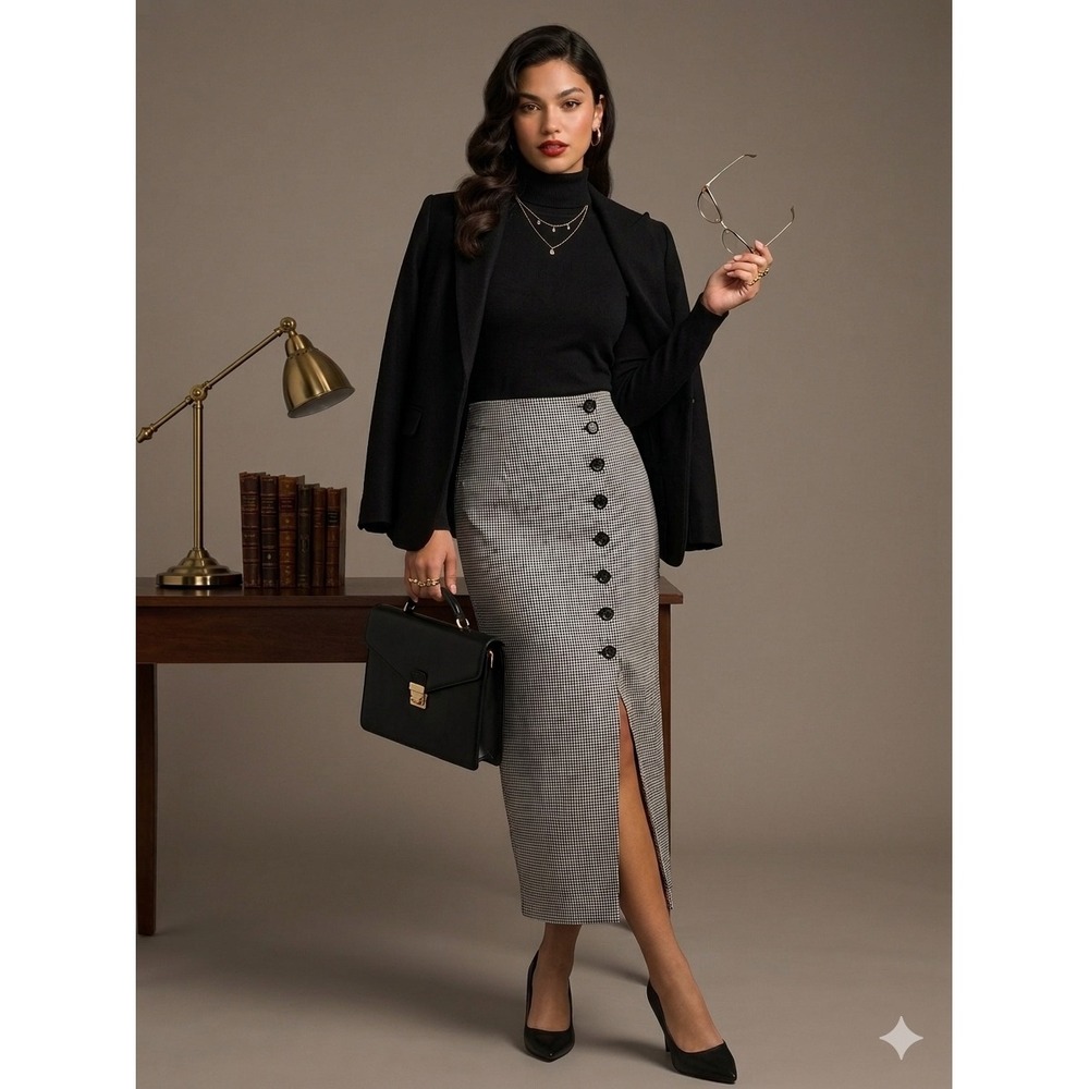 Vintage Y2K Houndstooth Pencil Skirt Midi Small Button Office Siren Academia Mod